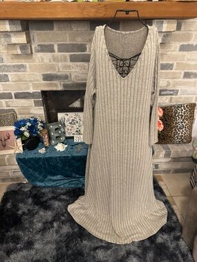 SHEIN Gray Ribbed V-Neck Long Sleeve Maxi Dress